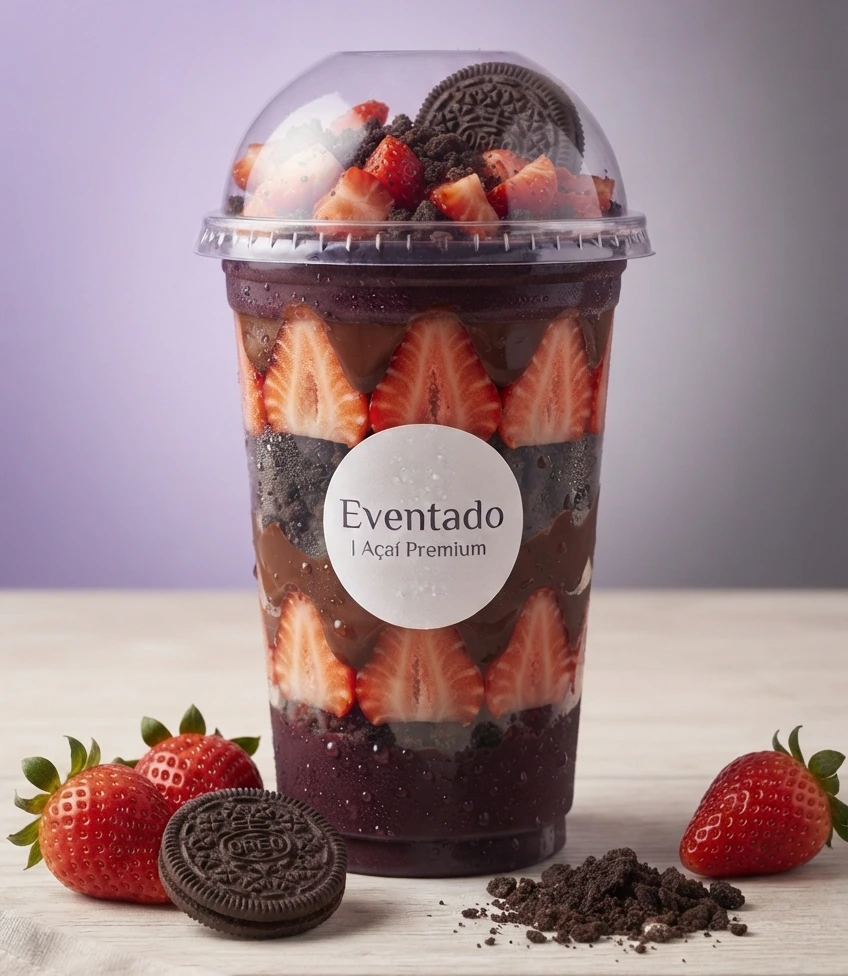Açaí Sensação 500ml com morango, Oreo e cobertura de chocolate Eventado