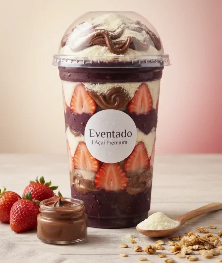 Açaí Tropical 500ml com morango, banana, granola e leite condensado Eventado