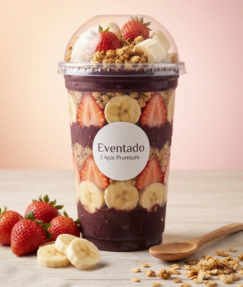 Açaí Tropical 500ml com morango, banana, granola e leite condensado Eventado