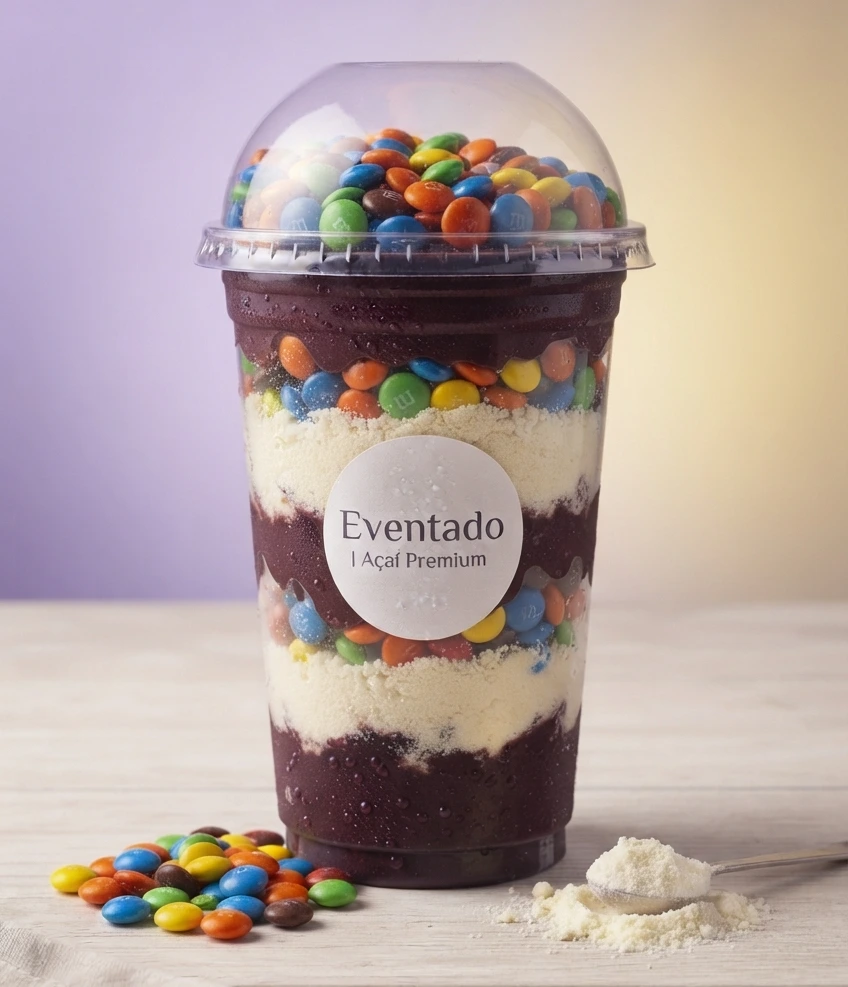 Açaí Mágico 500ml com M&Ms crocantes, Leite Ninho e cobertura Eventado