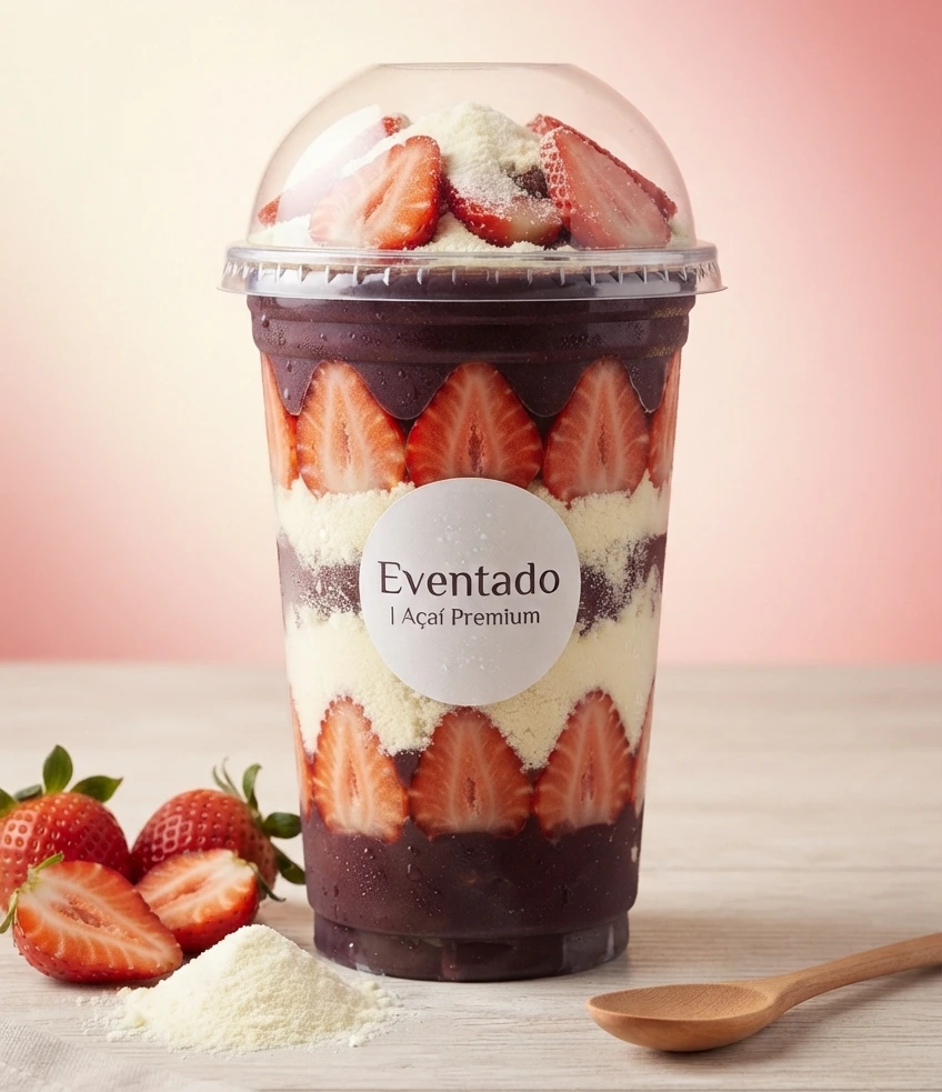Açaí cremoso 500ml com morangos frescos picados e Leite Ninho Eventado