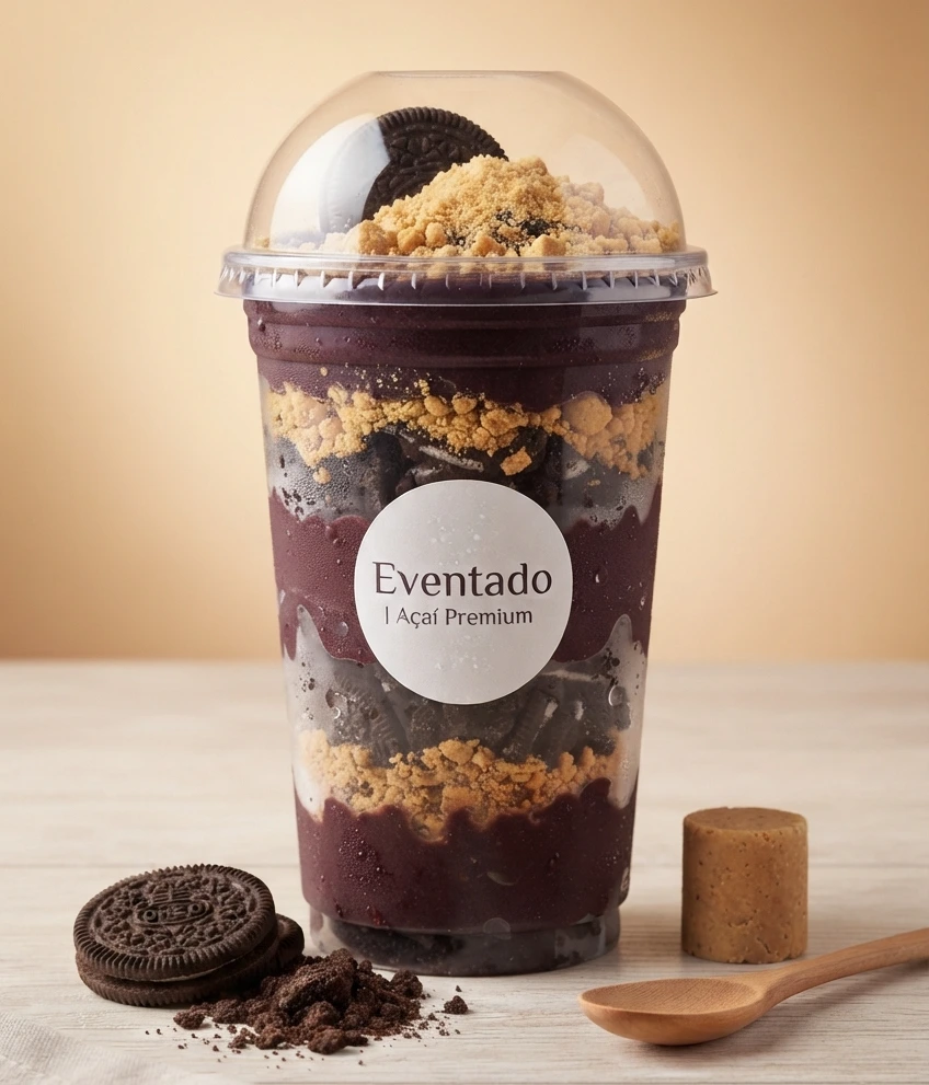 Açaí de 500ml com biscoito Oreo crocante, paçoca e Leite Ninho Eventado